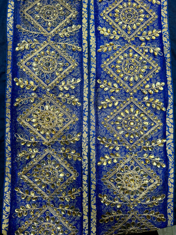 The Linen Bisht in Blue with Wide Geometric Embroidery