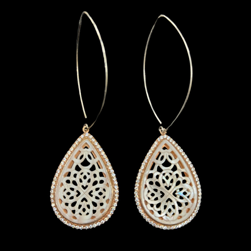 OVAL HOOK EARRINGS WITH CARVED MOTHER OF PEARL AND SWAROWSKI CRYSTAL BORDER
