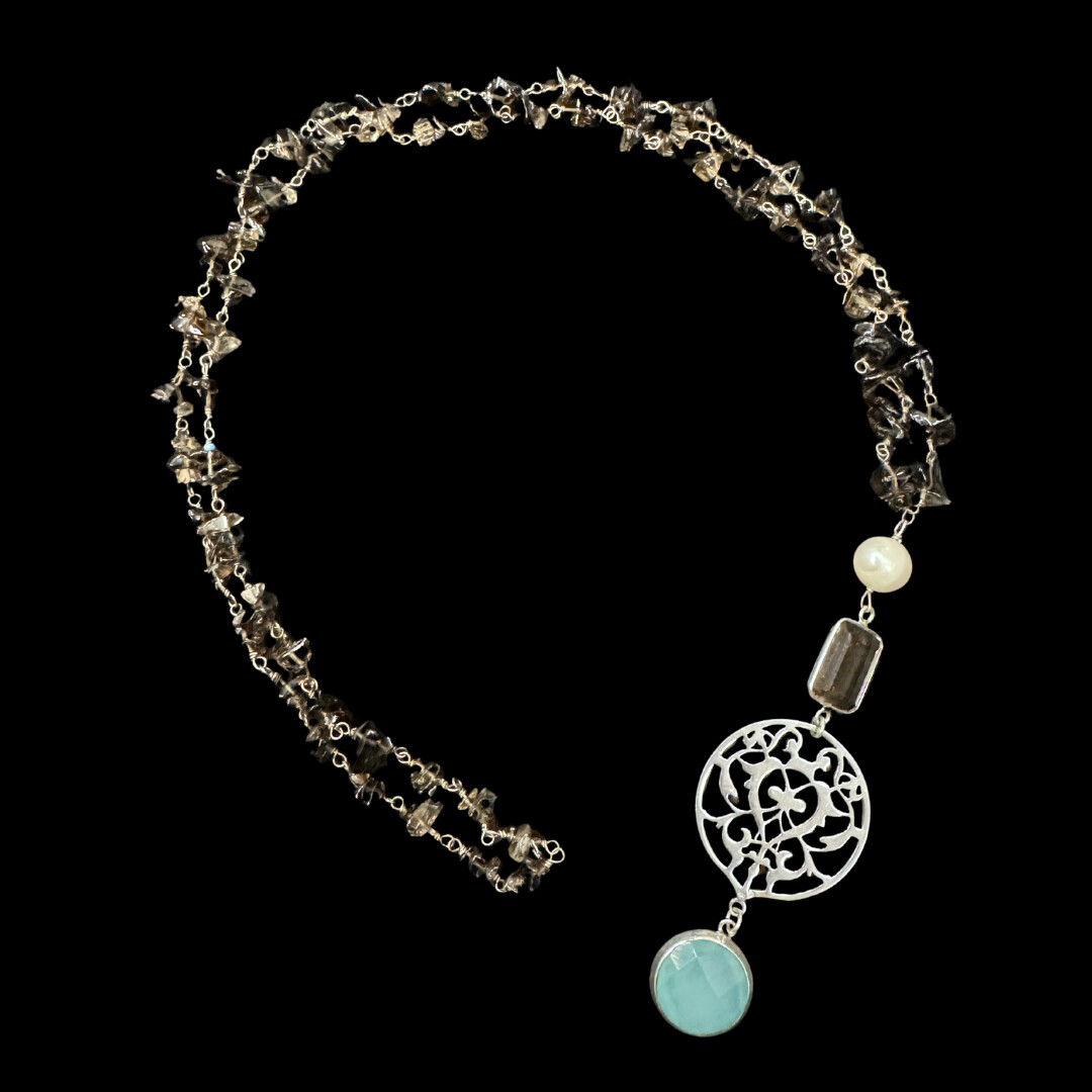 Long smokey quartz necklace with Arabesque pendant and tassel