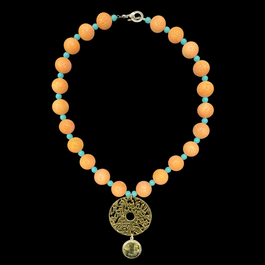 Coral and Turquoise Necklace with Large Disc
