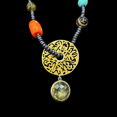 Long Multi Stone Necklace with Large Gold Plated Disc
