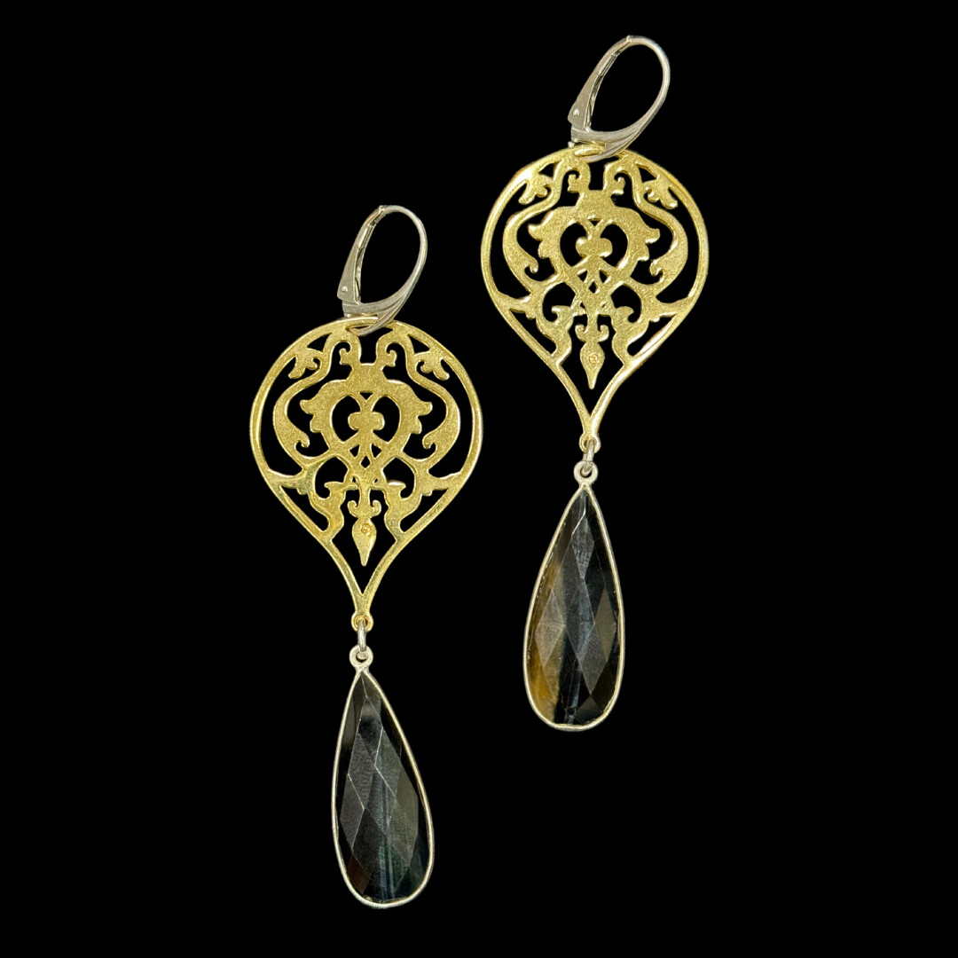 Large Gold Plated Arabesque Earrings With Cut Stone Drop and Silver Border