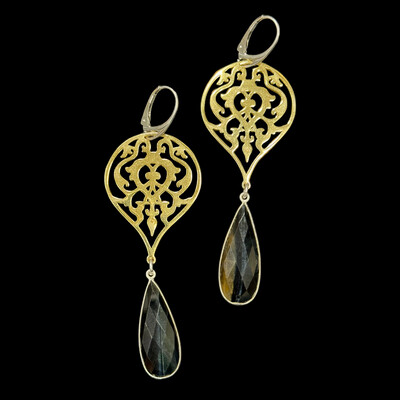 Large Gold Plated Arabesque Earrings With Cut Stone Drop and Silver Border