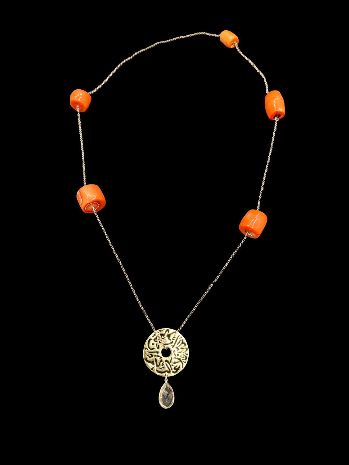 Long Chain Necklace With Coral and Medium Gold Plated Disc With a Gemstone Drop