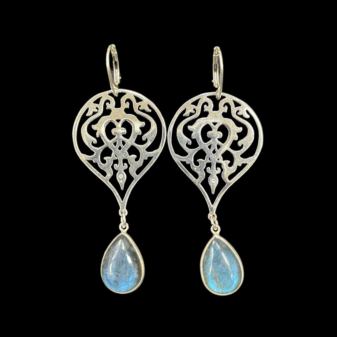 Large Arabesque Earrings With Cut Stone Drop and Silver Border