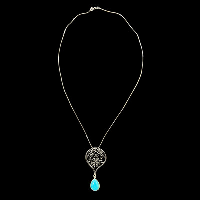 Arabesque Necklace on Silver Chain With Turquoise Drop