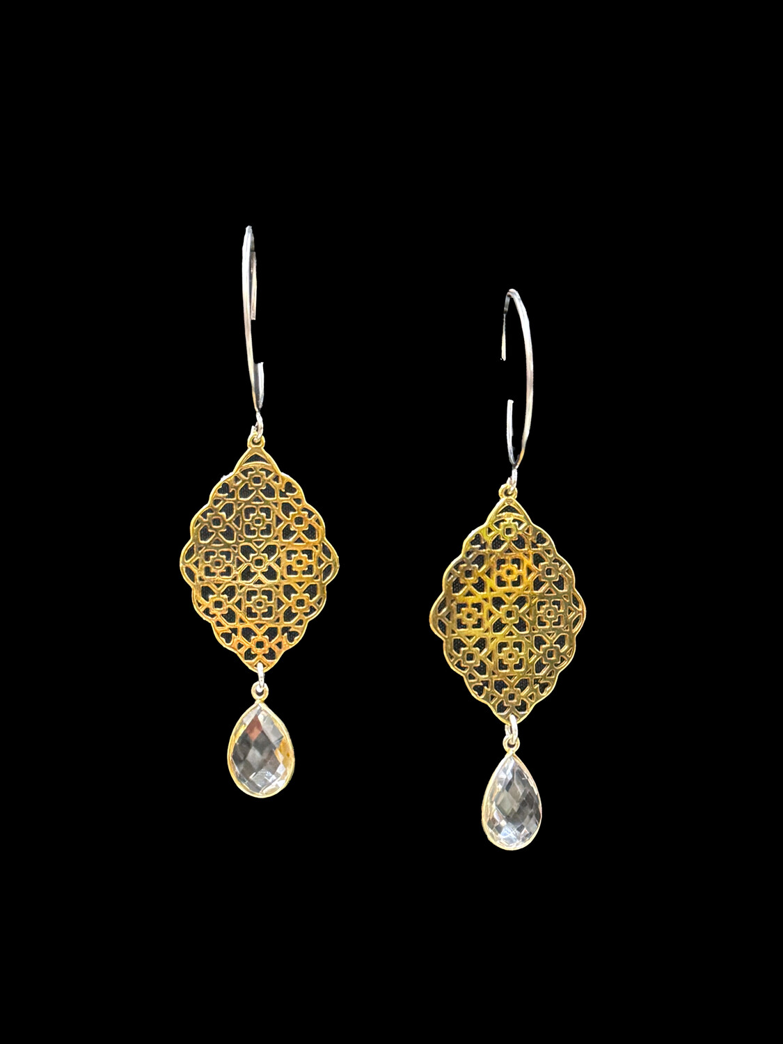Hoop Earrings With Large Gold Plated Geometric Arabesque and Cut Stone Drop