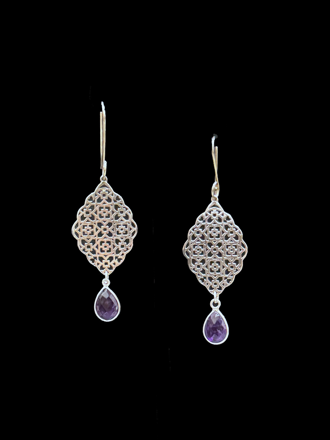 S Curve Earrings with Geometric Arabesque and Cut Stone Drop