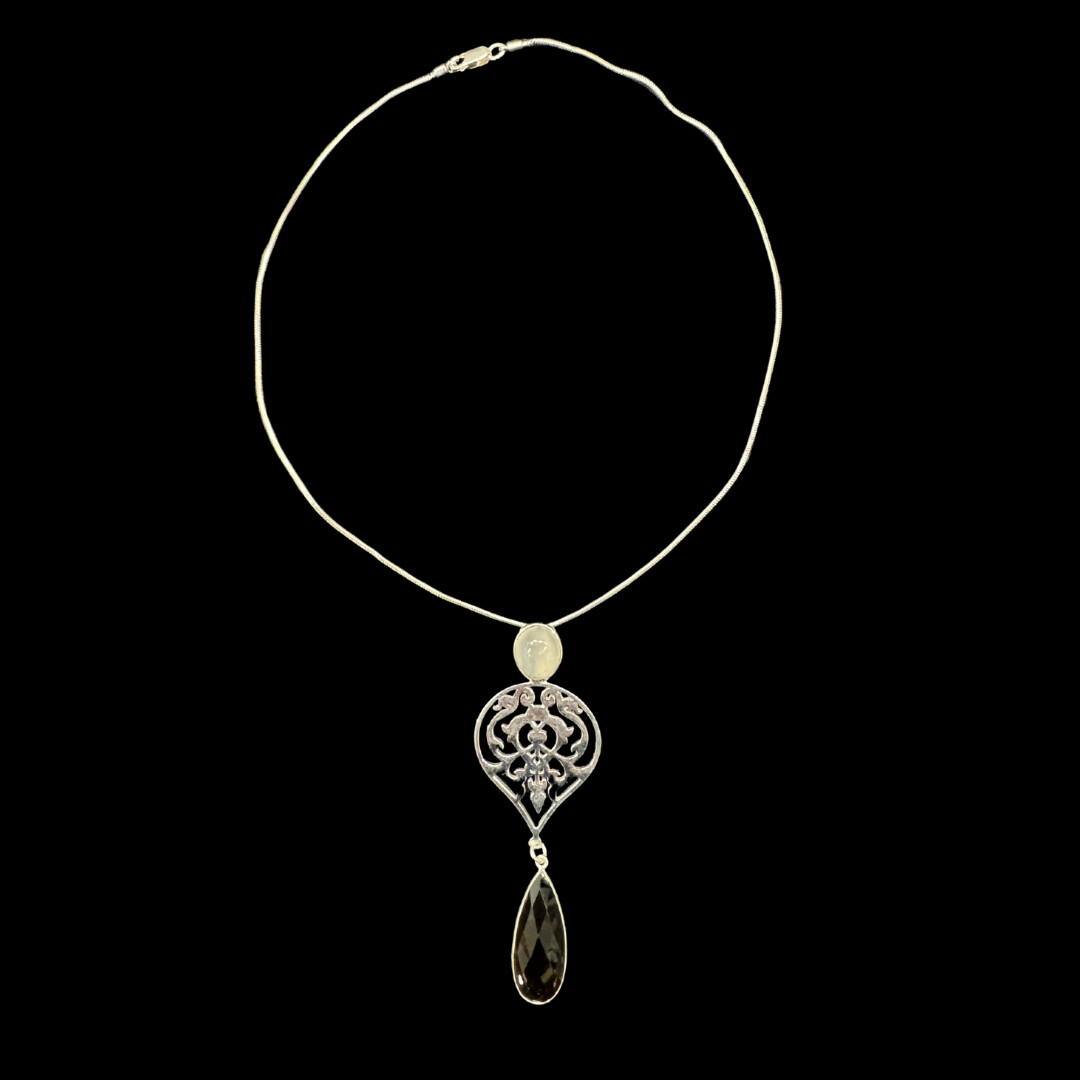 Arabesque Necklace on Silver Chain With Cut Stone Drop and Stone Above