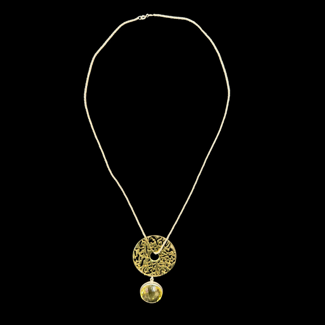 Large Gold Plated Disc on Silver Chain With Cut Stone Drop