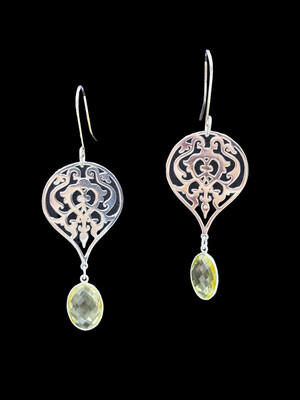 S Curve Earrings with Arabesque and Cut Stone Drop