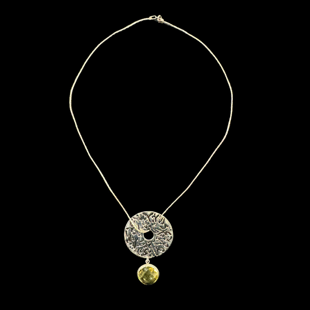 Large Disc on Silver Chain With Cut Stone Drop