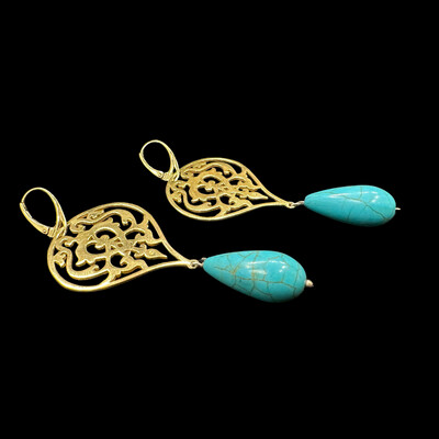 Large Gold Plated Arabesque Earrings With Large Turquoise Drop