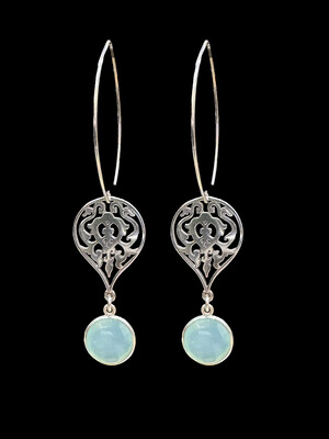 Long Oval Hook Earrings with Small Arabesque and Cut Stone Drop