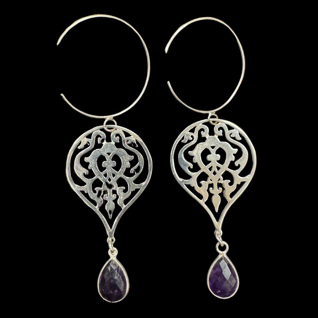 Hoop Earrings With Large Arabesque and Cut Stone Drop