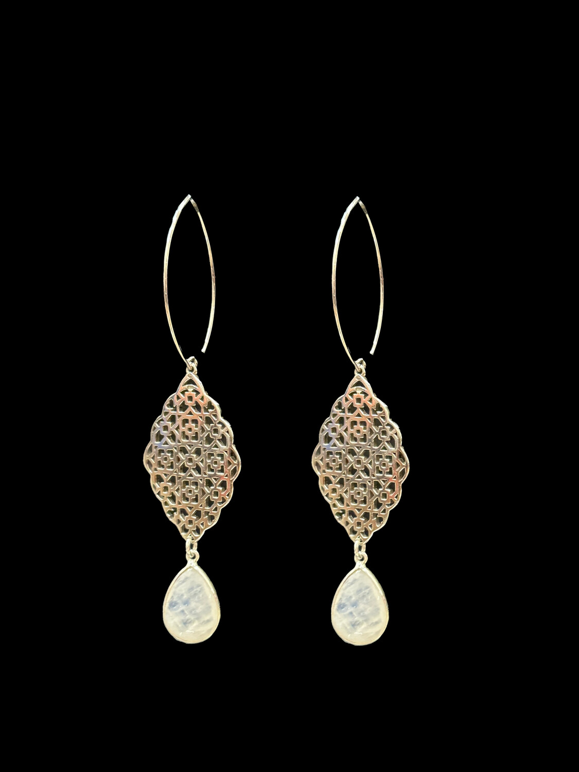 Medium Oval Hoop Earrings with Geometric Arabesque and Cut Stone Drop