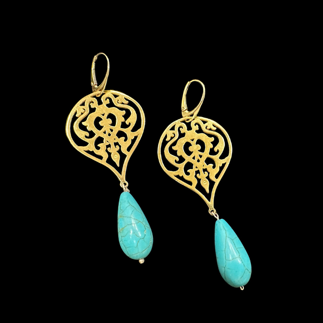 Large Gold Plated Arabesque Earrings With Large Turquoise Drop