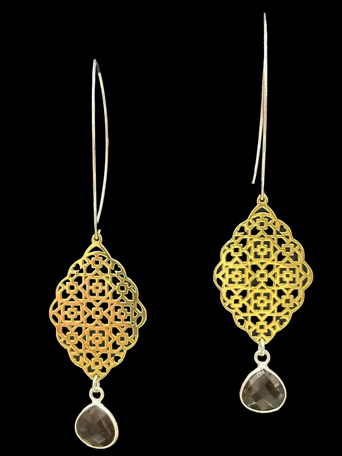 Oval Hoop Earrings With Large Gold Plated Geometric Arabesque and Cut Stone Drop