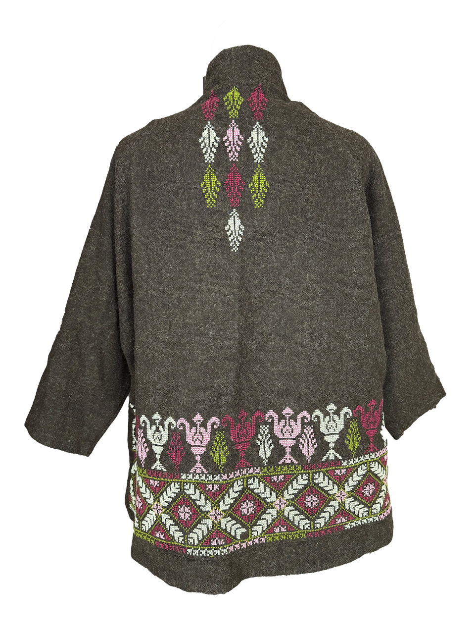 The Embroidered Round Jacket in Dark Brown With Pink Embroidery