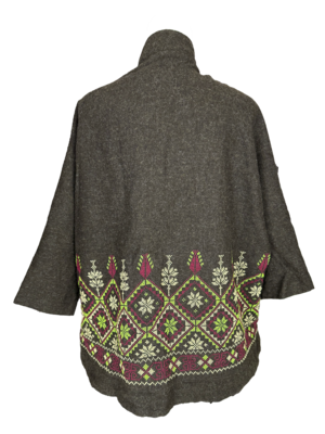 The Embroidered Round Jacket in Dark Brown With Lime Green Embroidery