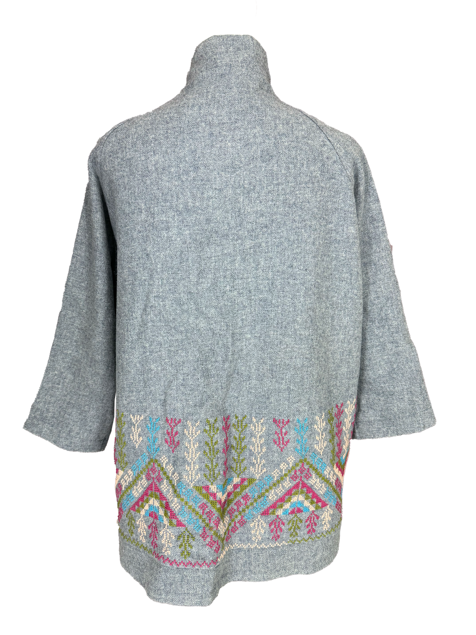 The Embroidered Round Jacket in Light Grey With Blue Embroidery