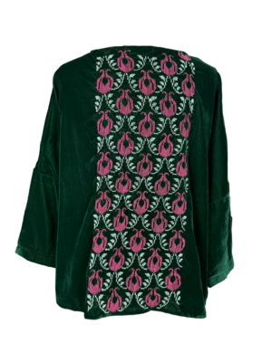 The Velvet Boxy With Hand Embroidery in Green With Pomegranate Embroidery