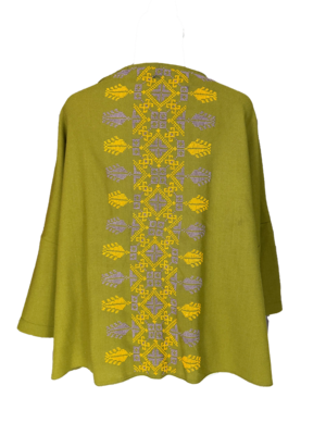 The Heavily Embroidered Boxy in Olive Green With Purple and Yellow Embroidery