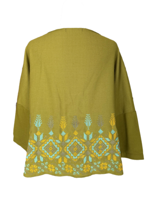 The Heavily Embroidered Boxy in Olive Green With Blue and Yellow Embroidery