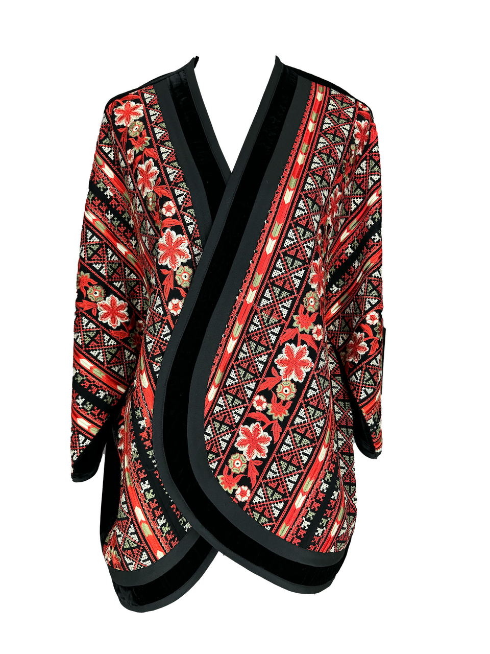 The Round Jacket in Black Velvet With Heavy Red Embroidery