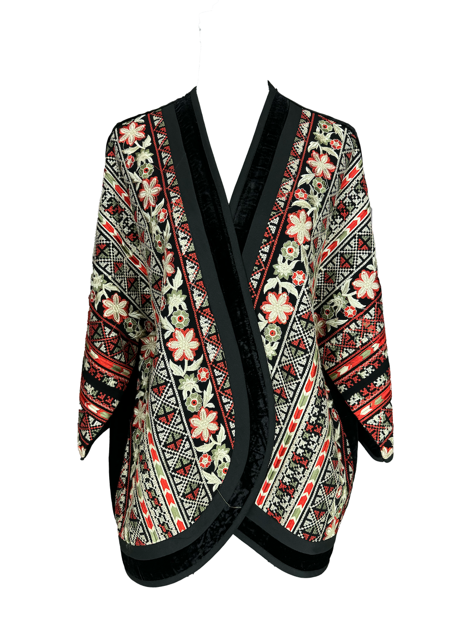 The Round Jacket in Black Velvet With Heavy White Embroidery