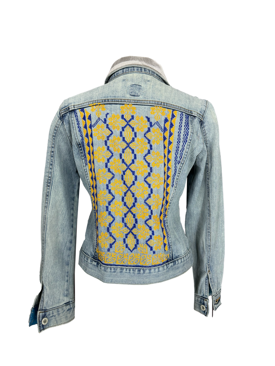 The Embroidered Denim Jacket in Navy Blue and Yellow