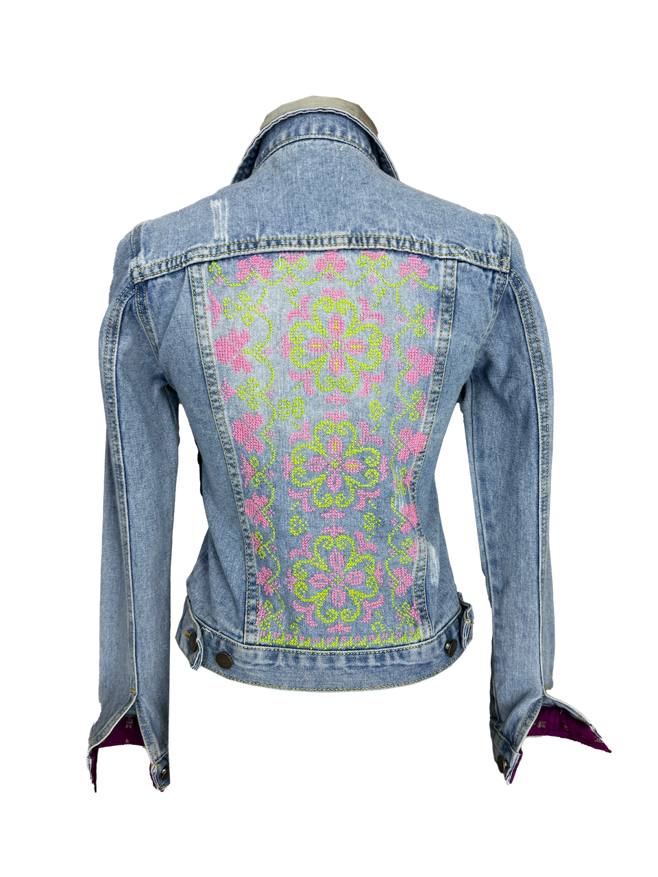 The Embroidered Denim Jacket in Green and Pink