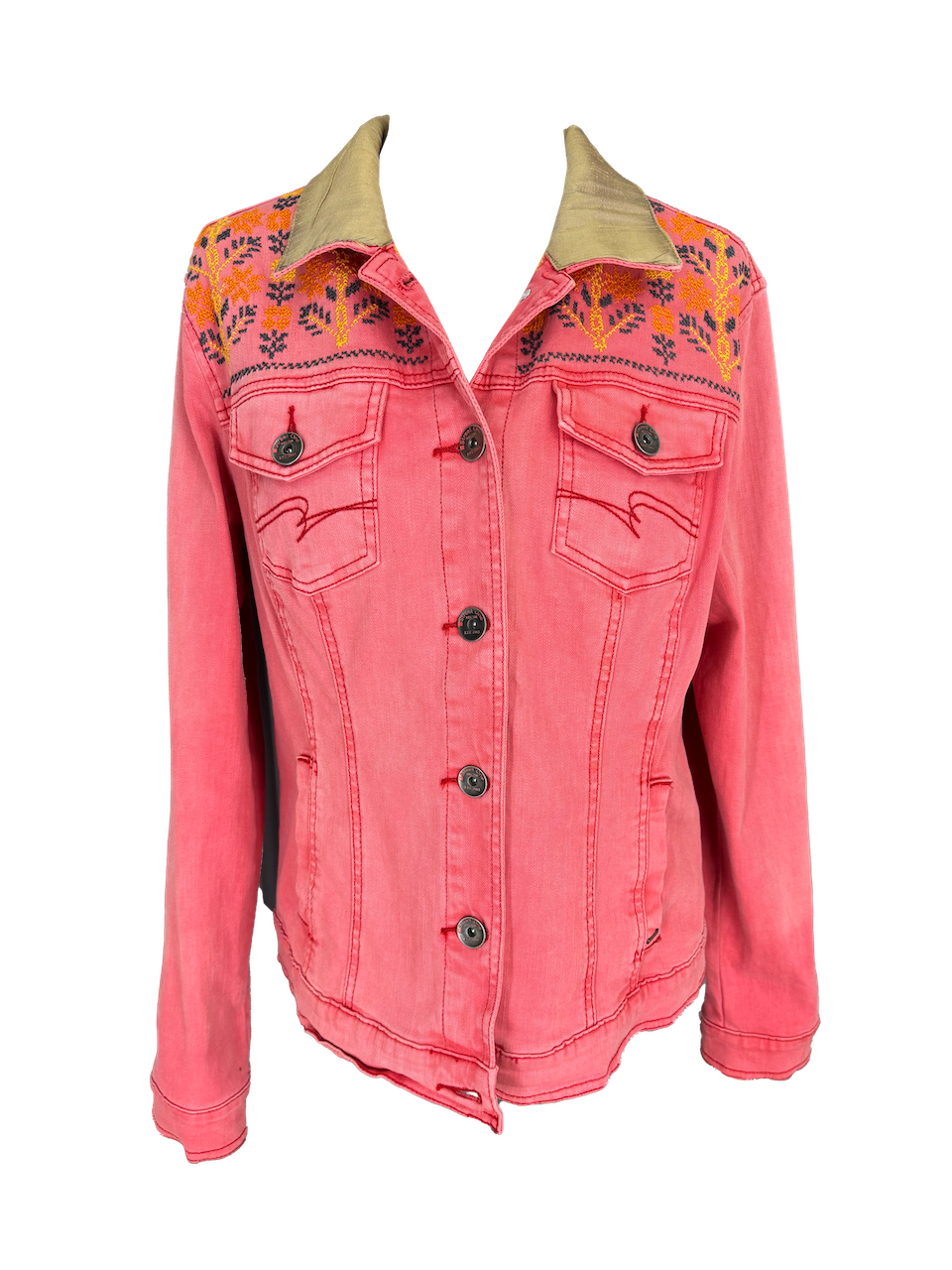 The Heavily Embroidered Denim Jacket in Pink With Thai Silk