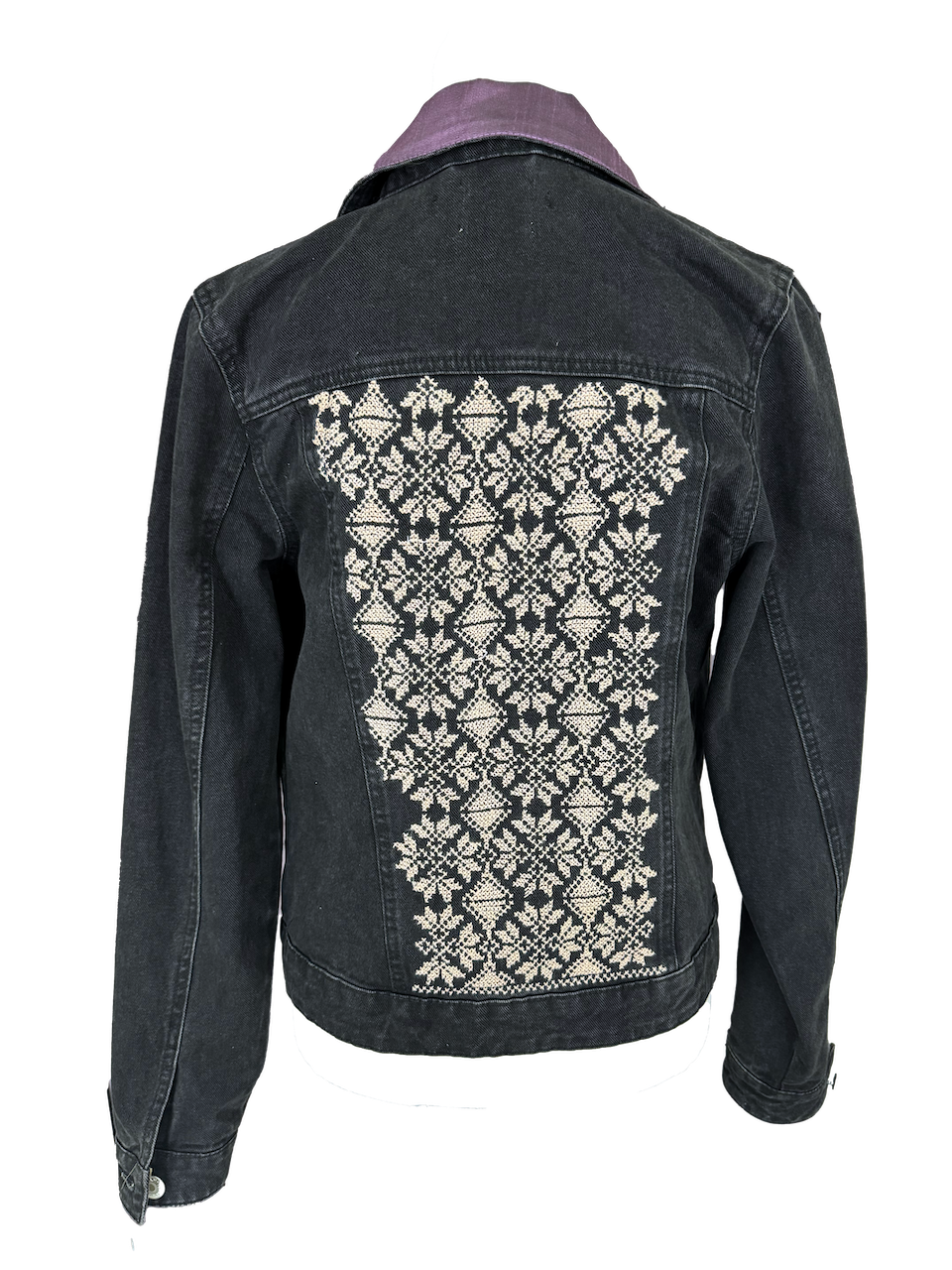 The Heavily Embroidered Denim Jacket in Black With Purple Silk