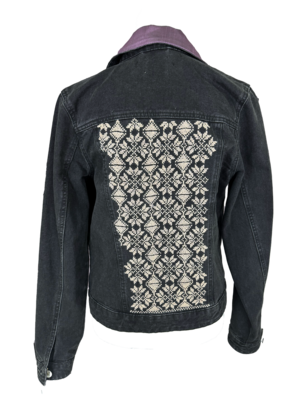 The Heavily Embroidered Denim Jacket in Black With Purple Silk