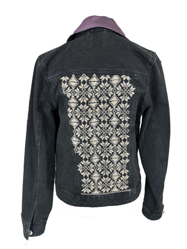 The Heavily Embroidered Denim Jacket in Black With Purple Silk