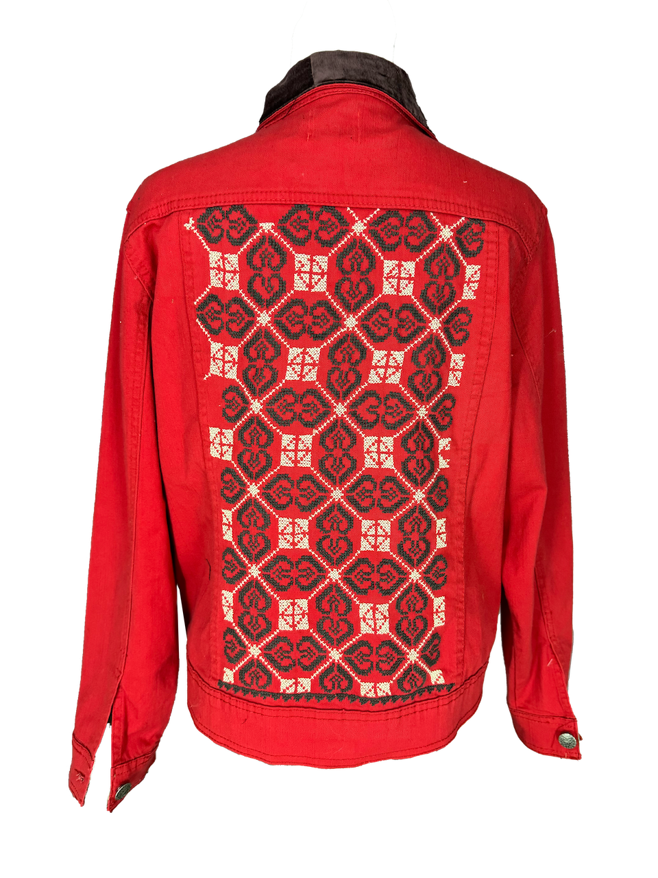 The Heavily Embroidered Denim Jacket in Red