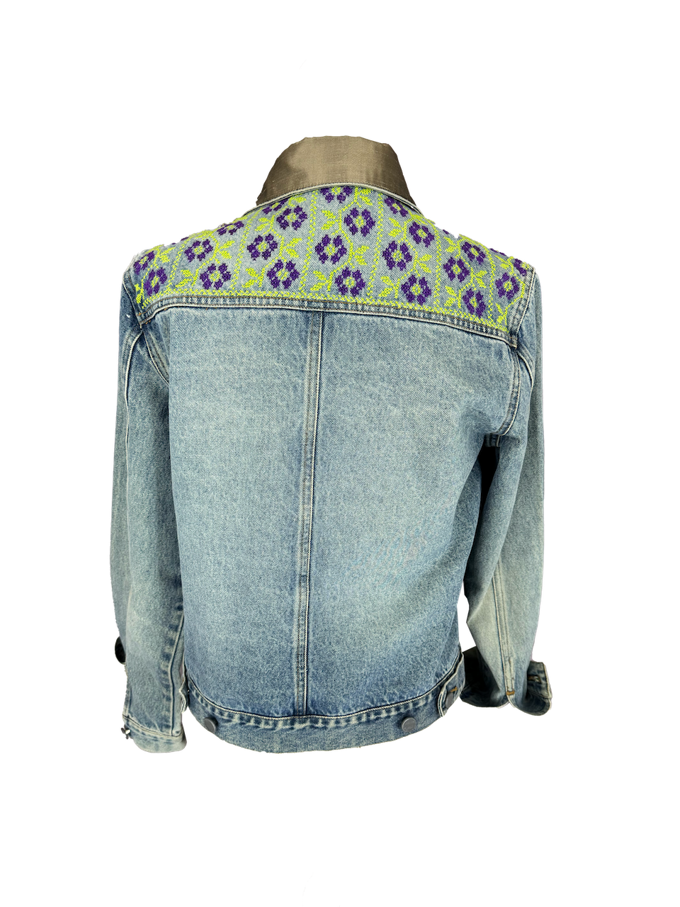 The Embroidered Denim Jacket in Lime Green and Purple