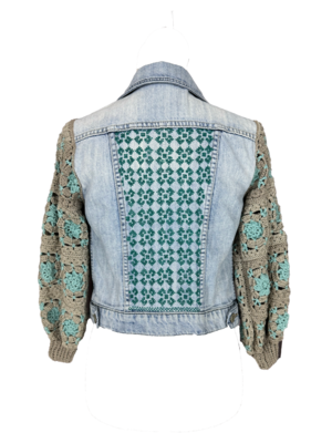 The Heavily Embroidered Denim Jacket with Crochet Sleeves in Blue