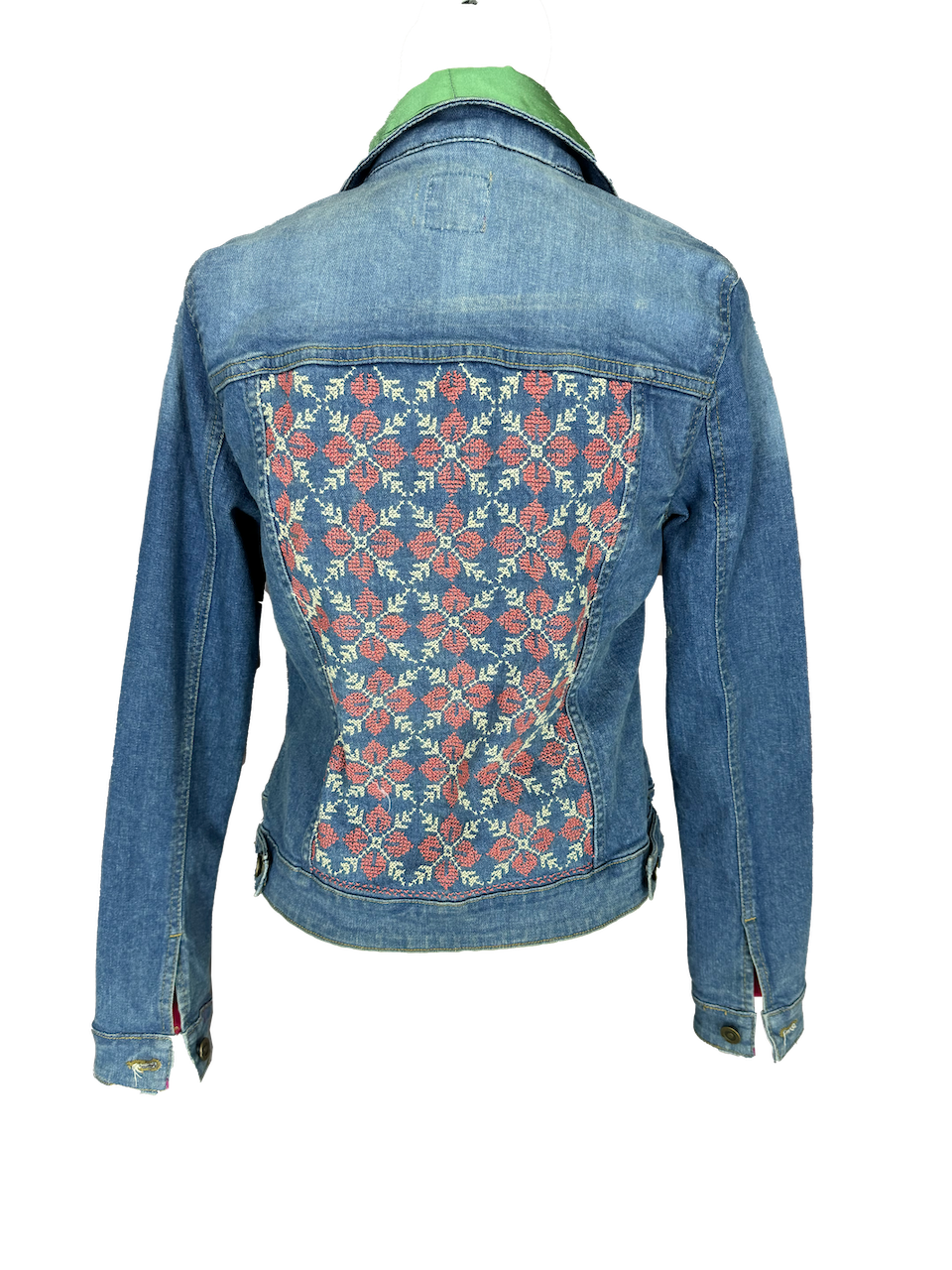 The Heavily Embroidered Denim Jacket in Pink With Mint Green Thai Silk and Indian Silk