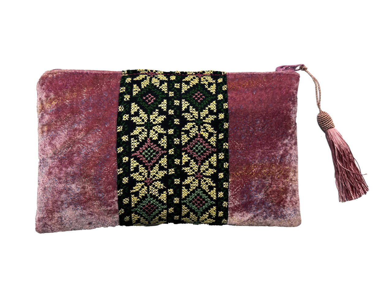 The Hand Embroidered Pouch (Medium), Colour: Pink Velvet With Green