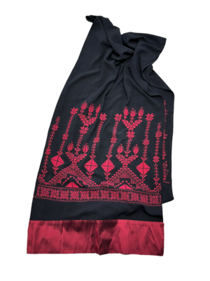 The Wide Embroidered Scarf with Thai Silk Trim in Black