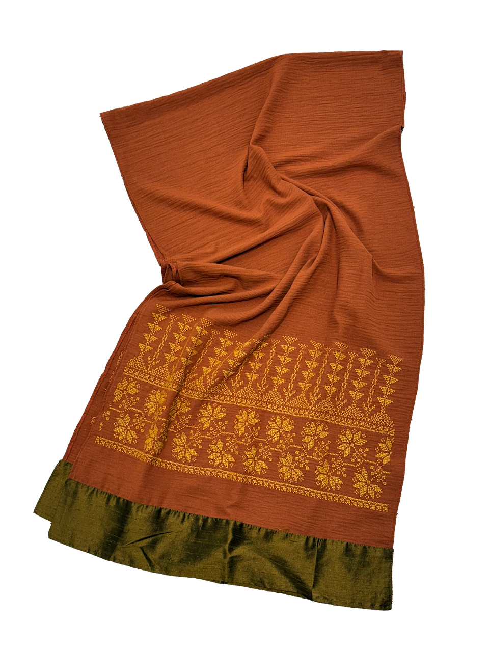 The Wide Embroidered Scarf with Thai Silk Trim in Brown