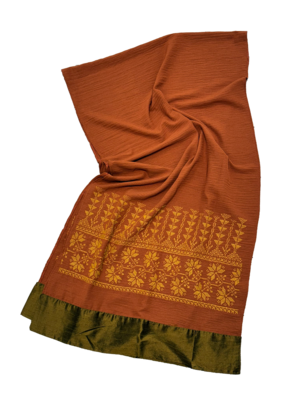 The Wide Embroidered Scarf with Thai Silk Trim in Brown