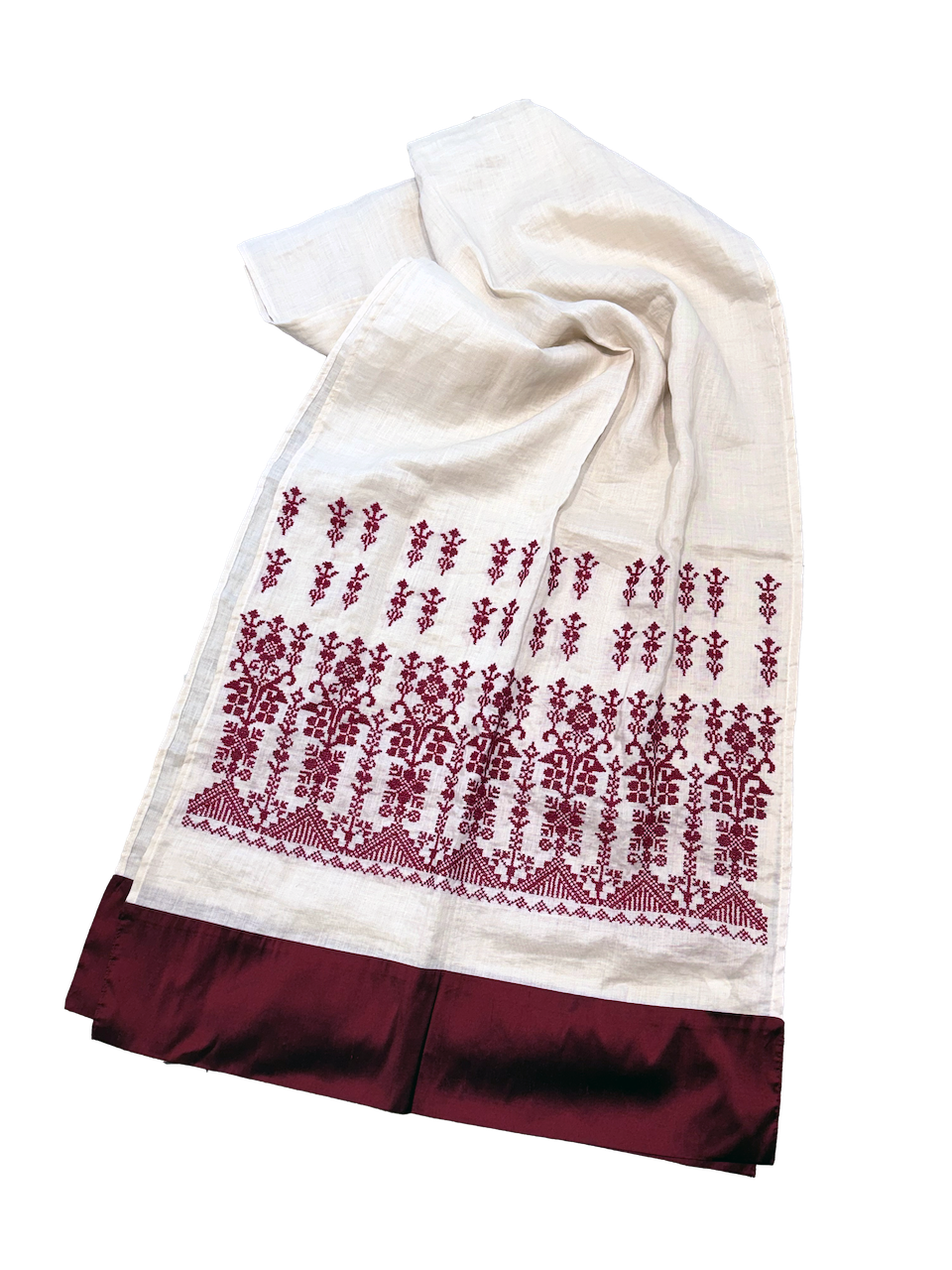 The Wide Embroidered Scarf with Thai Silk Trim in White