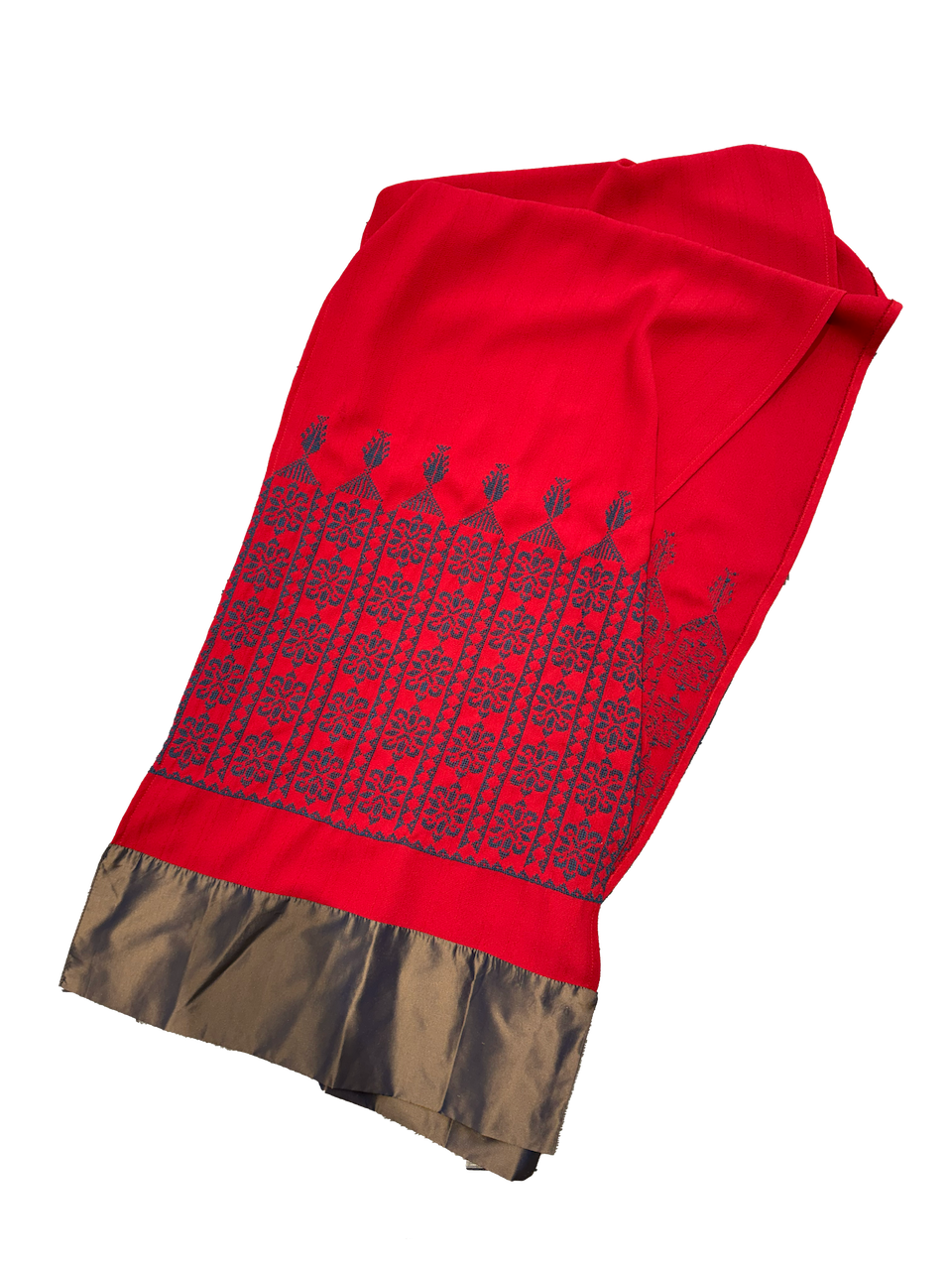 The Embroidered Scarf With Heavy Detailing and Thai Silk in Red