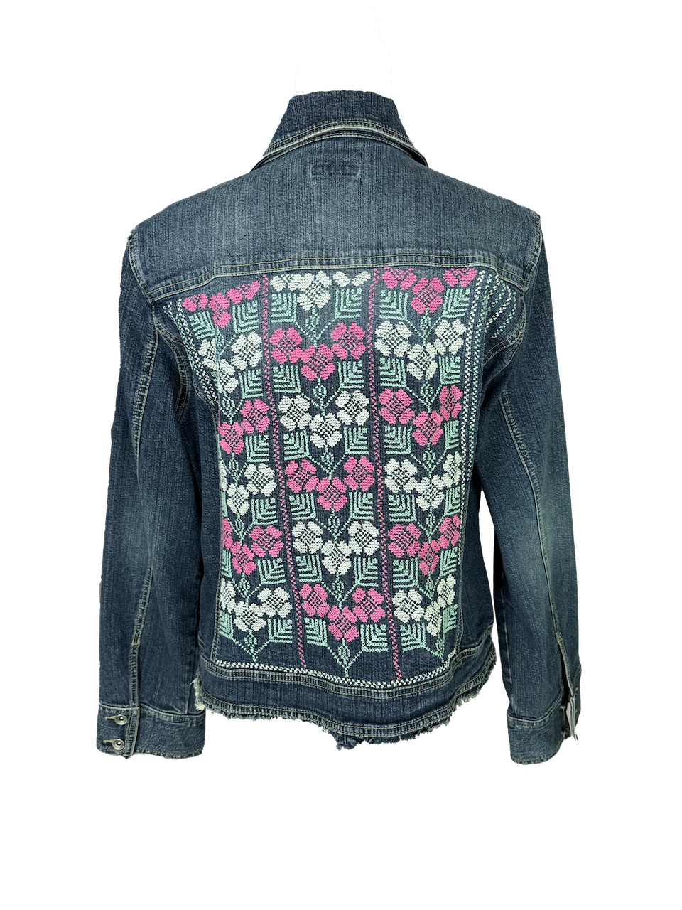 The Heavily Embroidered Denim Jacket in Pink and Green