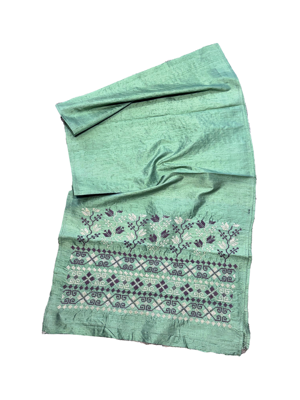 The Embroidered Double Width Thai Silk Scarf in Mint Green