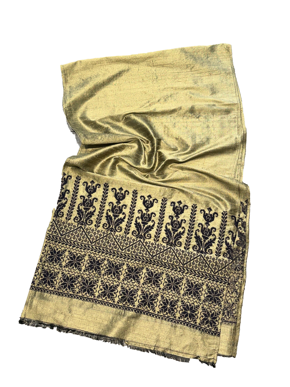 The Embroidered Double Width Thai Silk Scarf in Gold