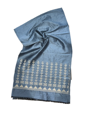 The Embroidered Double Width Thai Silk Scarf in Dusty Blue